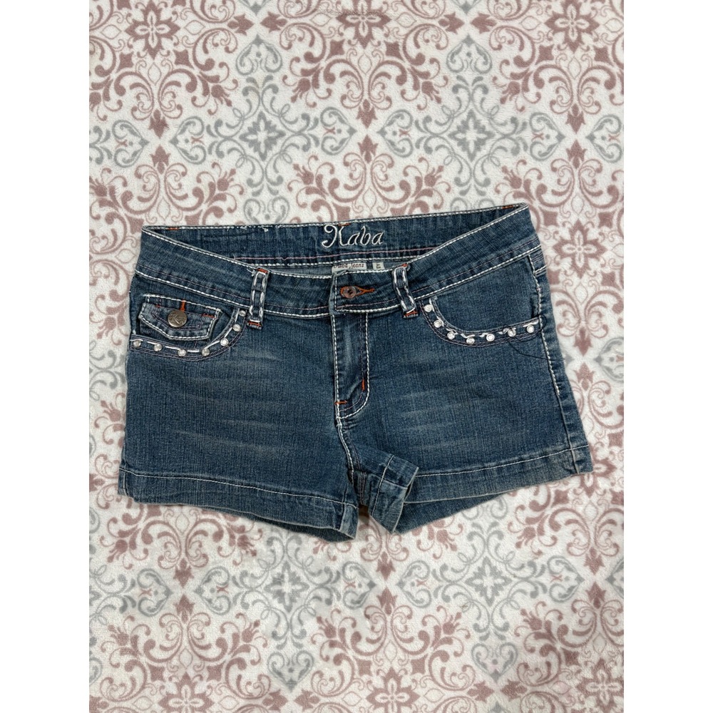 Kaba Jeans Womens Sz 3 Blue Denim Shorts Y2K Rhinestone Contrast Stitch Low Rise